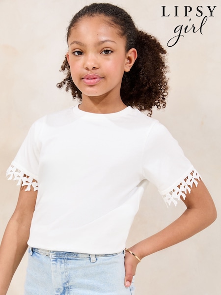 Lipsy White 100% Cotton Bow Trim T-Shirt (5-16yrs) (F97804) | 841 UAH - 1,322 UAH