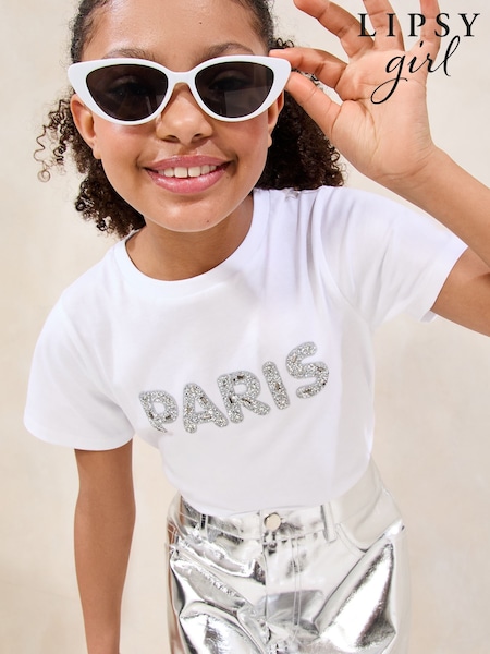 Lipsy White 100% Cotton Embellished Paris T-Shirt (5-16yrs) (F97809) | 961 UAH - 1,442 UAH