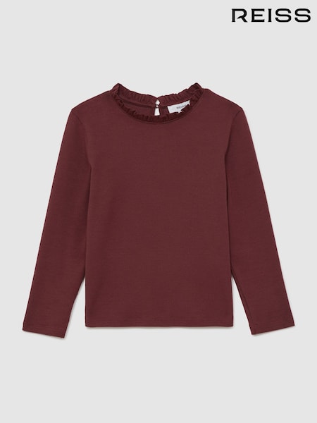Reiss Burgundy Flora Stretch-Cotton Ruffle-Neck Top (F97813) | AED151