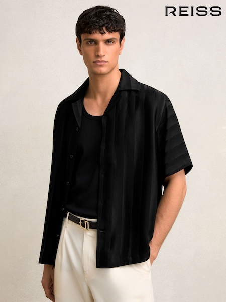 Reiss Black Melba Jacquard Stripe Cuban Collar Shirt (F97843) | €145