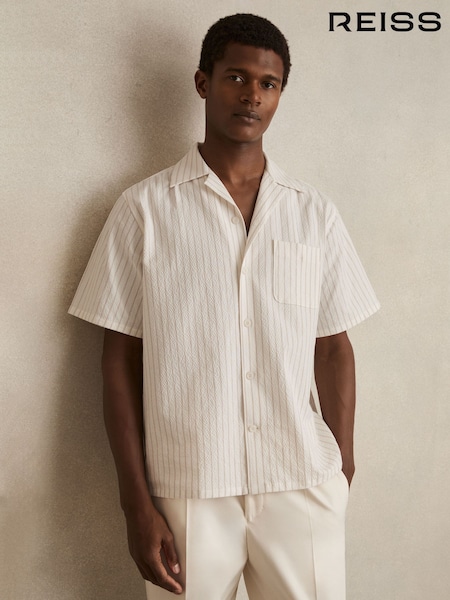 Reiss White/Taupe Brown Easton Cotton-Blend Seersucker Stripe Shirt (F97845) | €145