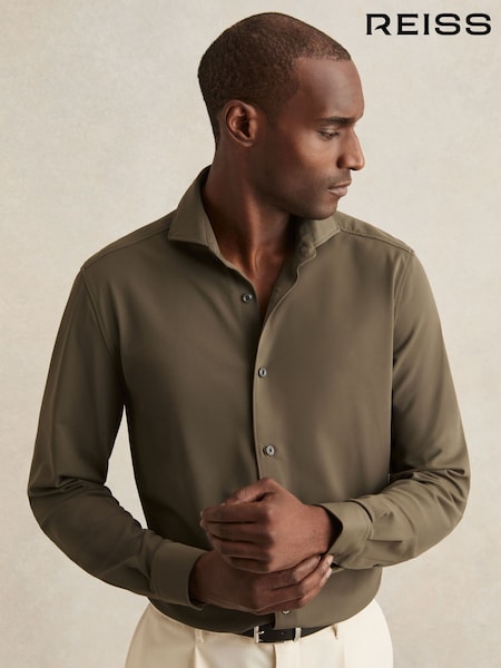 Reiss Olive Green Charge Stretch Jersey Cutaway-Collar Shirt (F97858) | €160