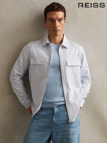 Reiss White/Soft Blue Palina Cotton Stripe Zip-Through Shirt (F97869) | €170