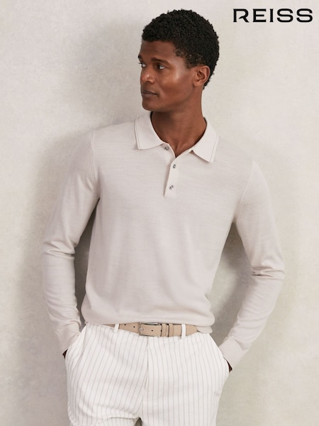 بيج - Reiss Trafford Merino Wool Long Sleeve Polo Shirt (F97912) | ‏706 د.إ.‏