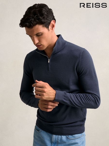 Bleumarin în miez de noapte - Reiss Blackhall Merino Wool Half-Zip Jumper (F97915) | 809 LEI
