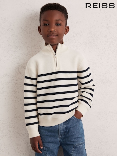 Reiss White Graham 3-9 yrs Cotton-Blend Stripe Half-Zip Jumper (F97940) | AED302