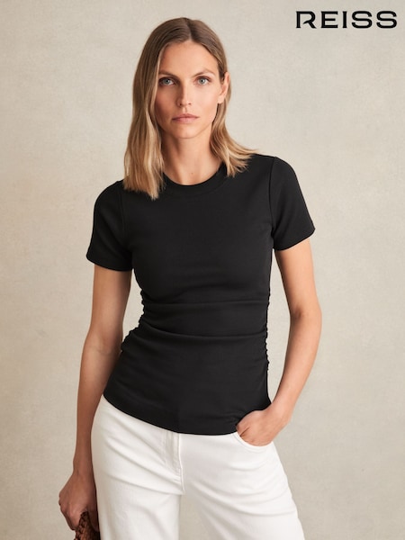 أسود - Reiss Tess Stretch-Cotton Ruched Ribbed T-Shirt (F97957) | ‏30 ر.ع.‏