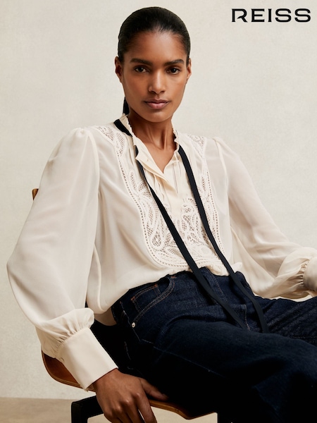 Reiss Sara Lace Embroidered Tie-Neck Shirt (F97963) | 1,403 LEI