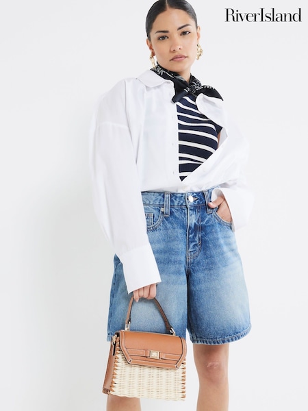 River Island Blue Petite Longline Bermuda Denim 100% Cotton Shorts (F98104) | $51