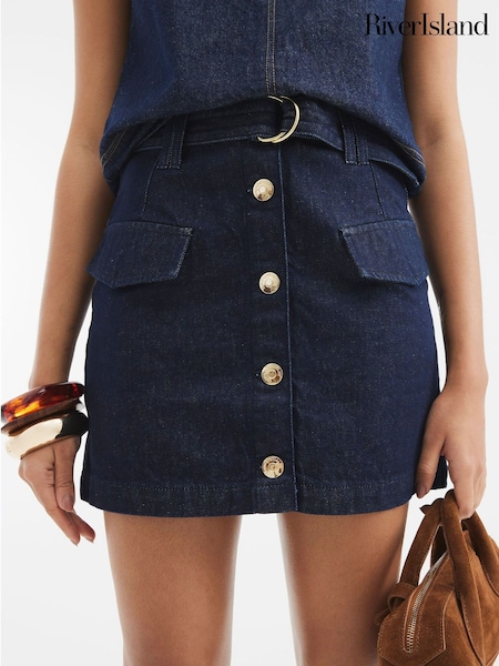 כחול  - River Island Button Front 100% Cotton Mini Skirt (F98107) | ‏181‏₪