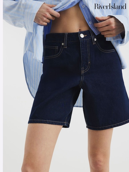River Island Dark Blue Bermuda Denim 100% Cotton Shorts (F98110) | $56