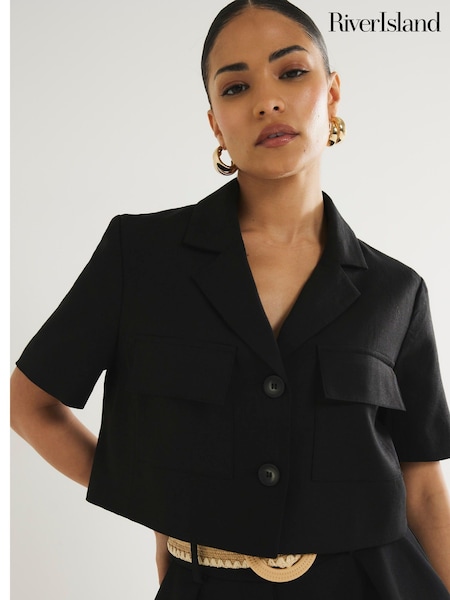 River Island Black Petite 100% Cotton Short Sleeve Cropped Jacket (F98123) | $77