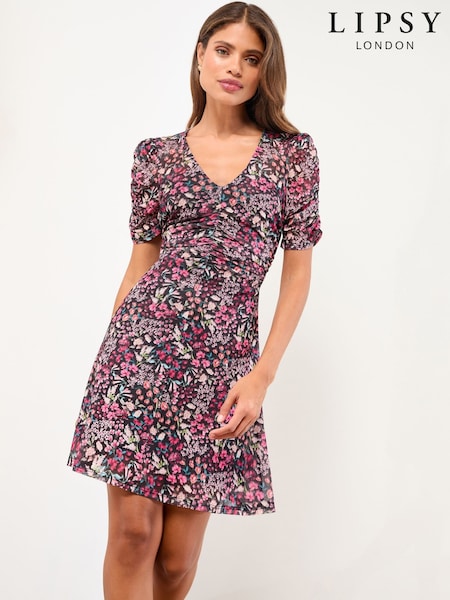 Lipsy Pink Floral Print Mini V-Neck Ruched Dress (F98309) | €65
