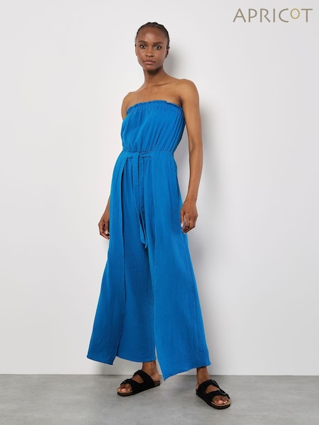 Apricot Blue Bandeau Wrap Leg Tetra 100% Cotton Jumpsuit (F98410) | €58
