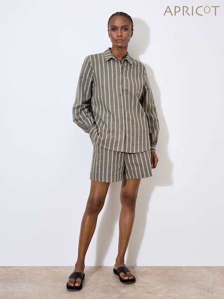 Apricot Grey Striped Cotton Linen Mix Shirt (F98413) | €51