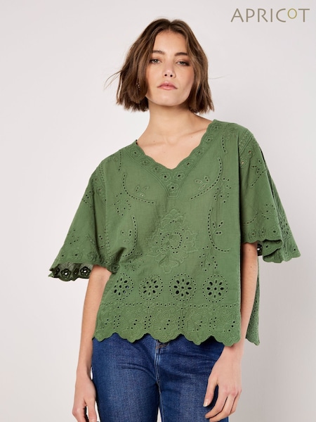 Apricot Green Embroidered 100% Cotton V-Neck Top (F98414) | €44