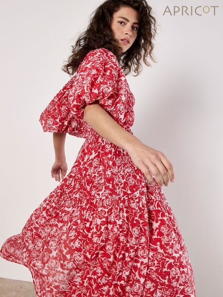 Apricot Red Mono Roses Volume Tiered Dress (F98415) | €63