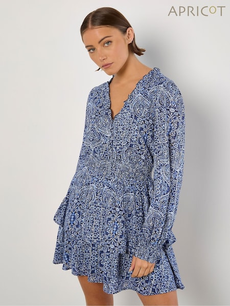 Apricot Blue Batik Folk Print Smock Mini Dress (F98416) | €59