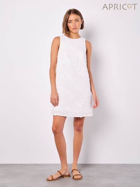 Apricot White Floral Embroidered Dress with a Touch of Linen (F98422) | €69