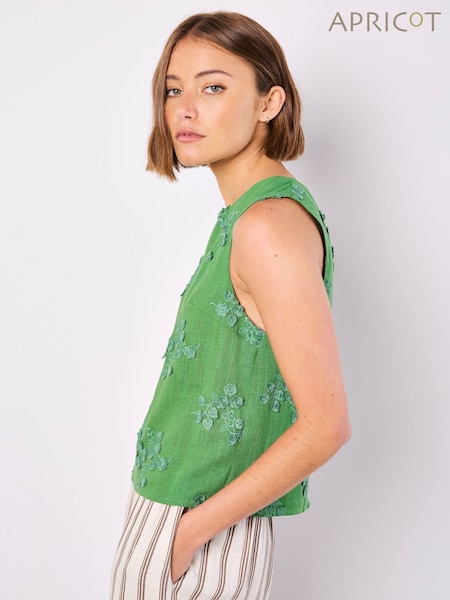 Apricot Green Floral Print Embroidered Vest With a Touch of Linen (F98426) | €44