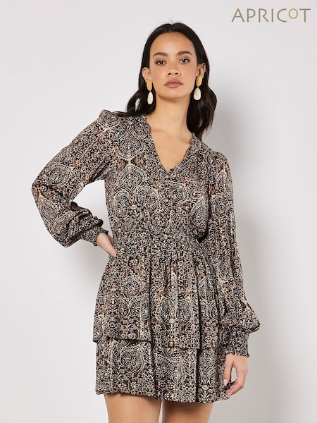 Apricot Black Batik Folk Print Smock Mini Dress (F98428) | €59