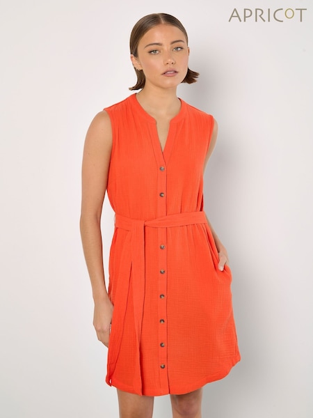 Apricot Orange Tetra Open Neck Button Thru 100% Cotton Shirt Dress (F98431) | €51
