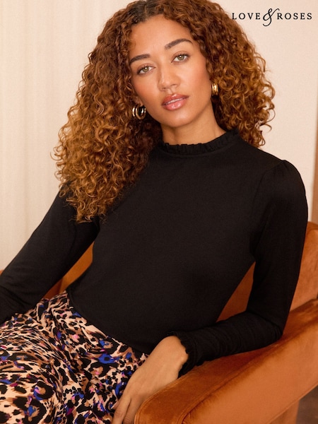 Love & Roses Black Frill Neck Long Sleeve Jersey Top (F98458) | €25