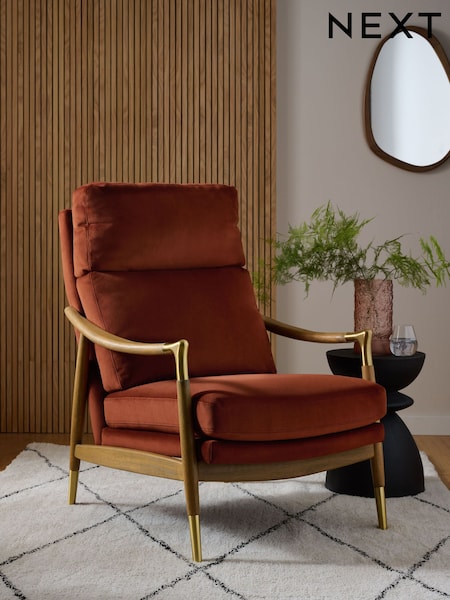 Soft Velvet Rust Brown Flinton High Back Wooden Accent Chair (F98511) | €550