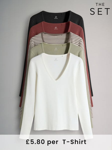 The Set Black/ Light Khaki/ Cream/ Stripe/ Brown 5 Pack V Neck Long Sleeve Ribbed T-Shirts (F98525) | €41