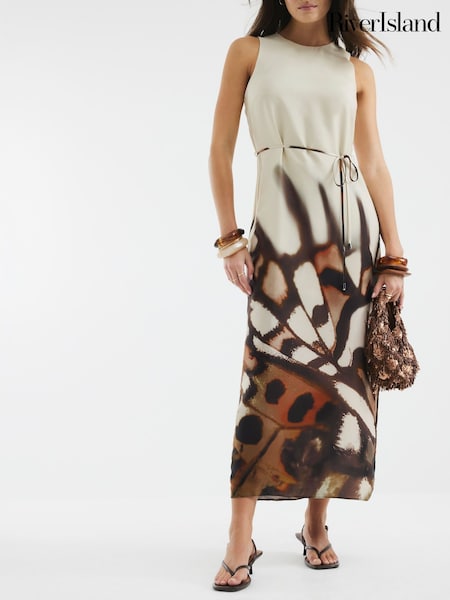 River Island Cream Bias Printed 100% Cotton Midi Slip Dress (F98530) | €72