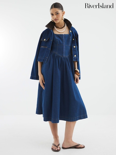 River Island Blue 100% Cotton Denim Corset Midi Dress (F98533) | €68