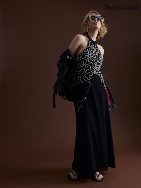 River Island Black Premium Halter Neck Embellished Maxi Dress (F98534) | kr1 571