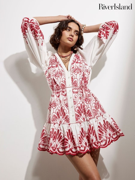 River Island Red 100% Cotton Long Sleeve Broderie Shirt Dress (F98537) | €82