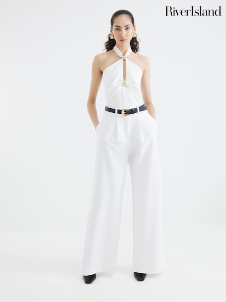River Island White Belted Wide Leg Trousers (F98610) | ₪246