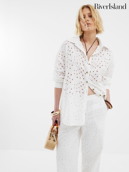 River Island White Oversized Broderie 100% Cotton Shirt (F98617) | ₪211