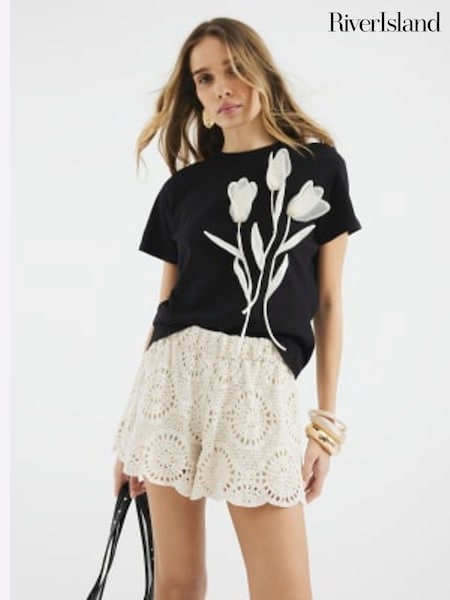 River Island Organza Flower Trim 100% Cotton T-Shirt (F98643) | €46