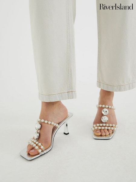 River Island Silver Pearl Detail Heeled Sandals (F98646) | €84