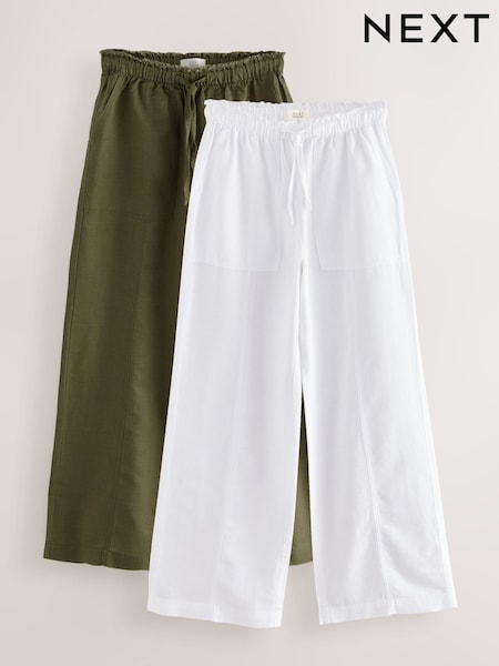 Khaki/Valkoinen - Wide Leg Pull On Linen Blend Trousers 2 Pack (F98666) | €86