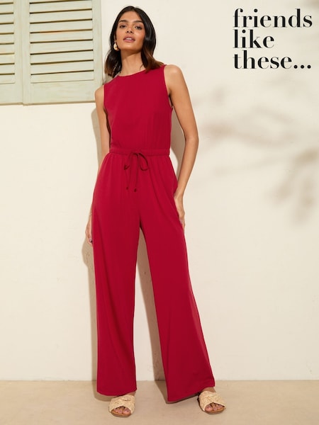 Friends Like These Berry Red Scoop Neck Sleveless Wide Leg Jersey Jumpsuit (F98686) | €48