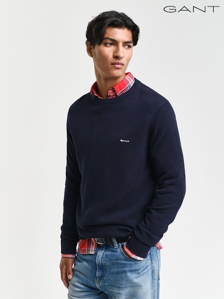 GANT Blue 100% Cotton Piqué Crew Neck Sweater (F98792) | €170