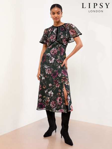 Lipsy Black Petite Angel Sleeve Floral Print Velvet Tipped Midi Dress (F98798) | €76