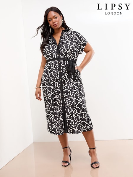 Lipsy Black/White Curve Spot Printed Button Through Midi Shirt Dress (F98808) | €67