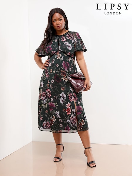 Lipsy Black Curve Angel Sleeve Floral Print Velvet Tipped Midi Dress (F98809) | € 90