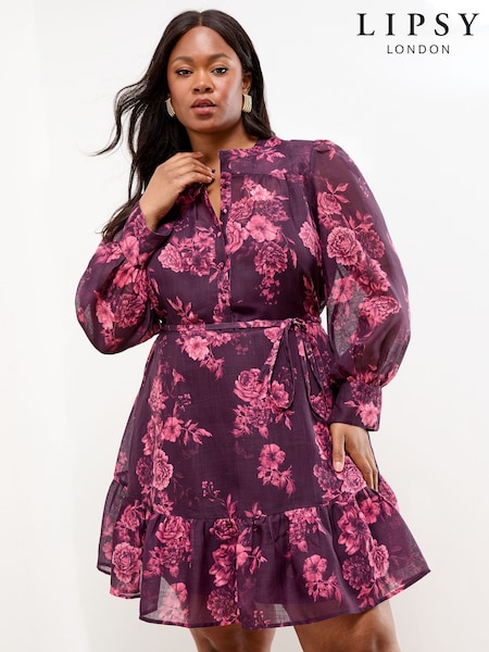 Lipsy Berry Red Curve Mini Floral Print Woven Shirt Dress (F98810) | €76