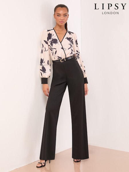 Lipsy Monochrome Floral Petite 2 in 1 Long Sleeve V-Neck Belted Jumpsuit (F98815) | €102
