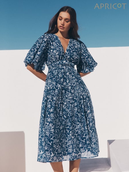 Apricot Blue Mono Roses Volume Tiered Dress (F99133) | €63