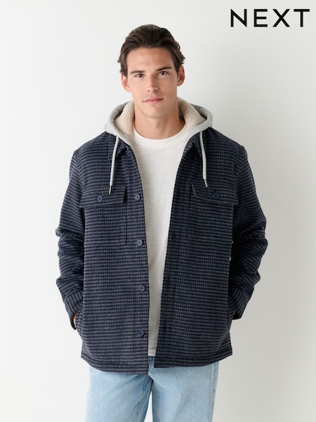 أزرق - Borg Lined Hooded Check Shacket (F99150) | ‏356 ر.ق.