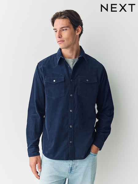 Navy Blue Western Styling Long Sleeve Cord Shirt (F99185) | 188 QAR