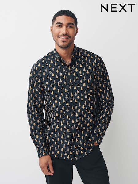 أسود - Christmas Printed Long Sleeve Shirt (F99229) | ‏173 ر.ق.