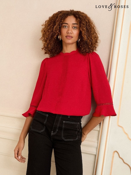 Love & Roses Cherry Red 3/4 Flute Sleeve Blouse (F99265) | €42